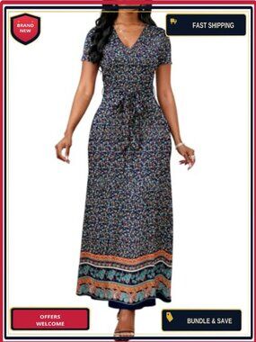 Boho Floral V-Neck Short Sleeve Maxi Dress Flowy Summer Sundress